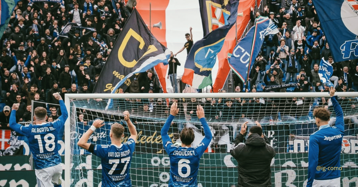 Como 1907 stadium overlooking Lake Como with Hartono family branding