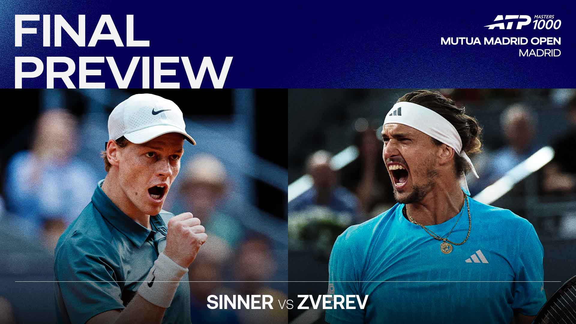 Jannik Sinner and Alexander Zverev will meet in the final of the Mutua Madrid Open, having previously competed in four consecutive ATP Masters 1000 events. The match will take place on Sunday, no earlier than 5:00 PM CEST.